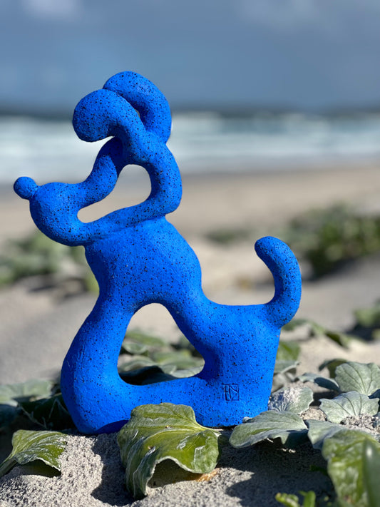 Pluto ceramic sculpture playful contemporary form, cobalt blue  