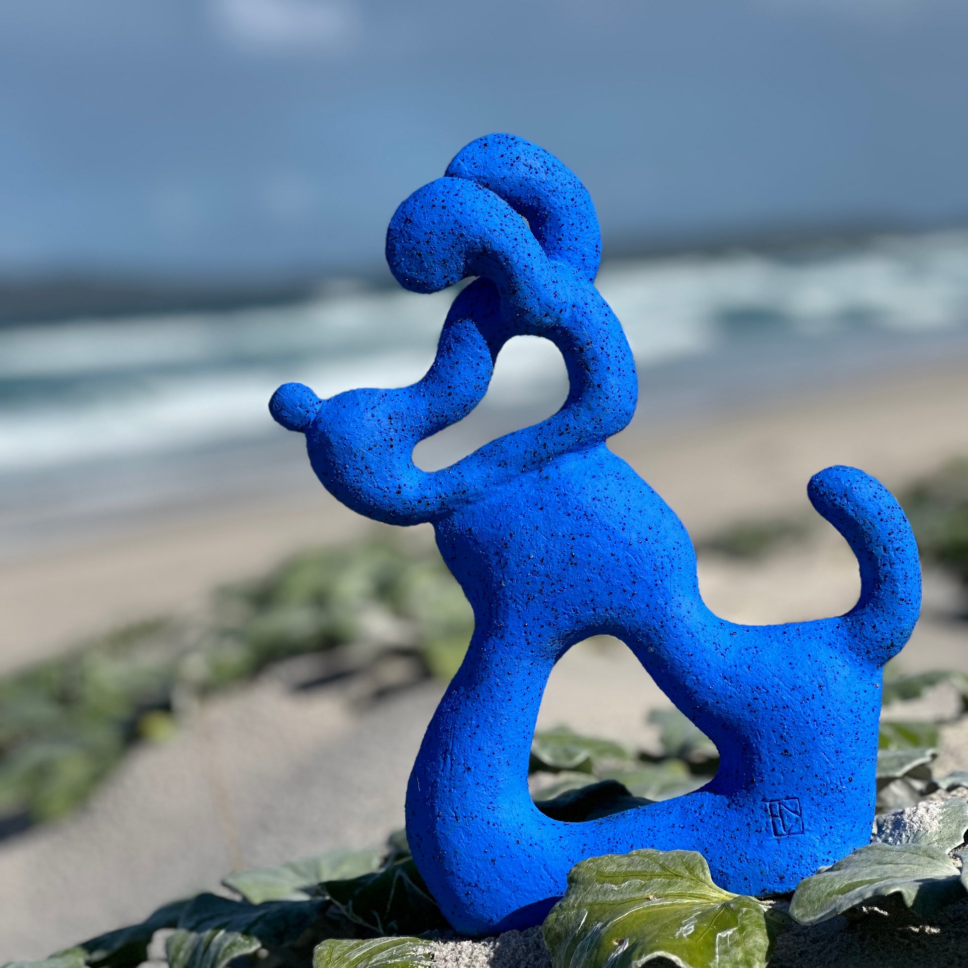 Pluto ceramic sculpture playful contemporary form, cobalt blue 