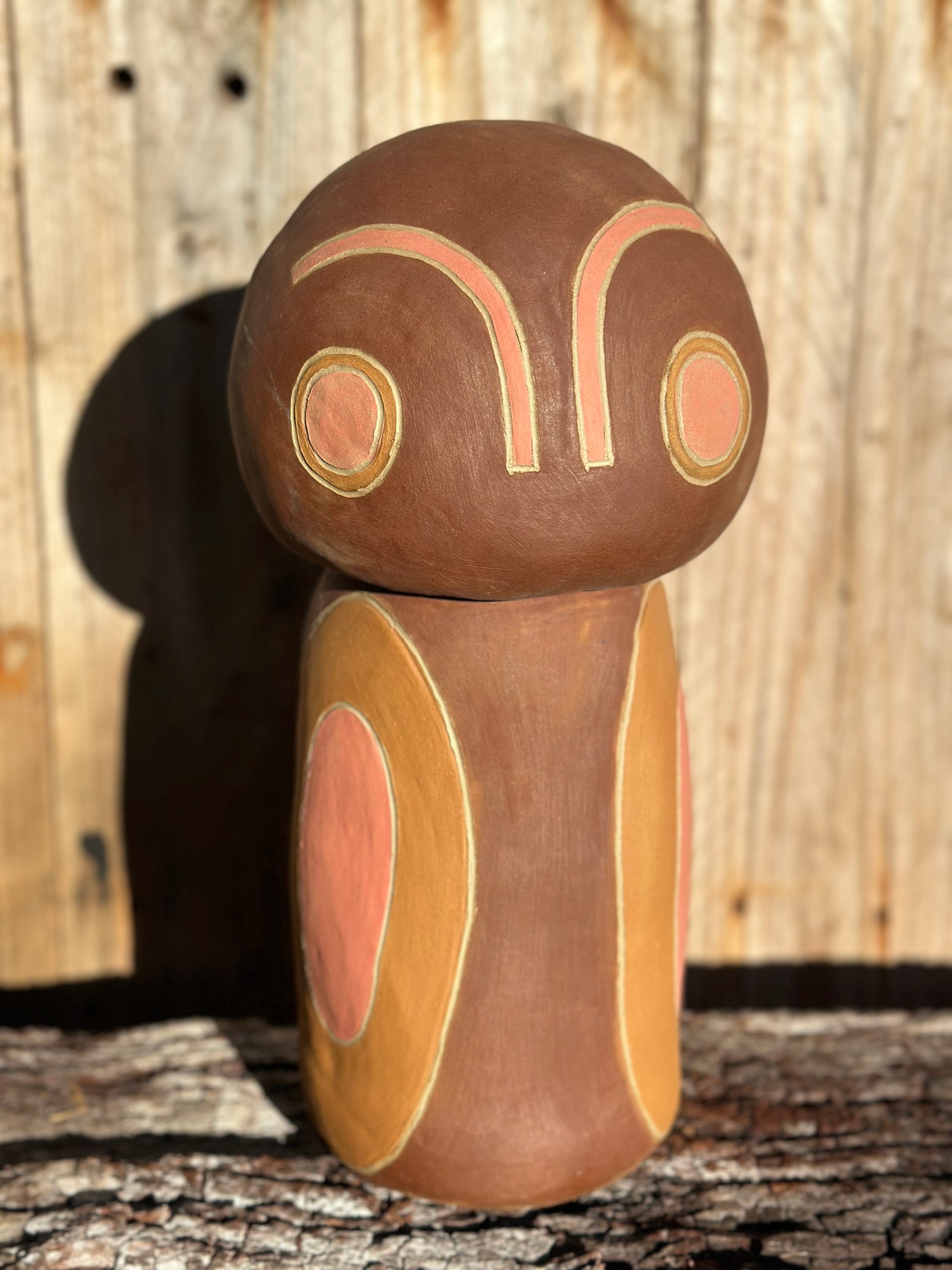 Hand-built ceramic sculpture with sgraffito markings and ochre-pink motifs, signed 'Little being ' by Heidi Dickinson – Denmark, WA