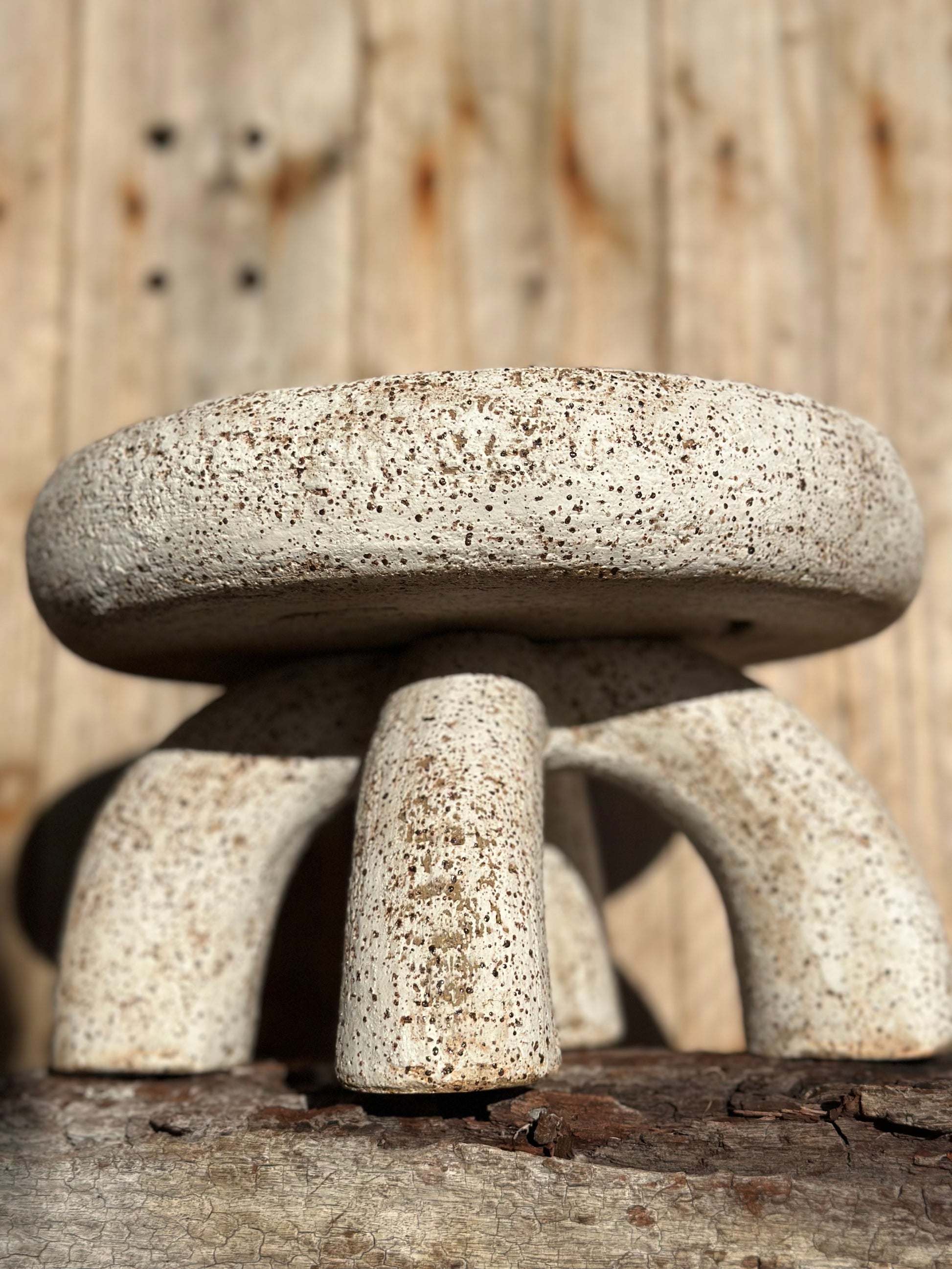 Artistic ceramic vessel built in two parts, showcasing rustic milky surface over raw speckled stoneware texture