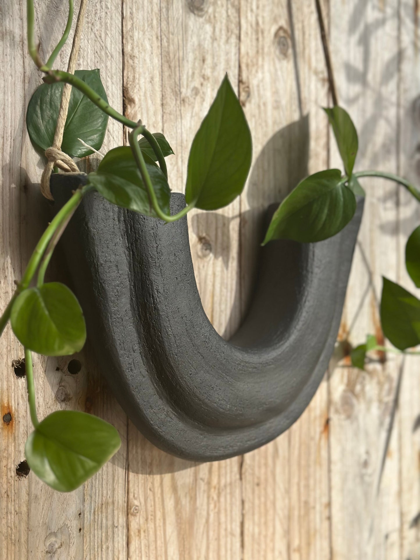 Sculptural ceramic hybrid planter with dual planting chambers, suspended by natural  flax lined rope ,side view